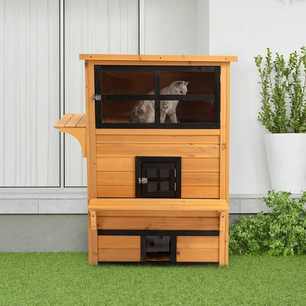 3-Tier Cat House Feral Cat House, Outdoor Kitten Condo with Raised Floor, Asphalt Roof, Escape Door, Jumping Platform, Yellow - product image 9
