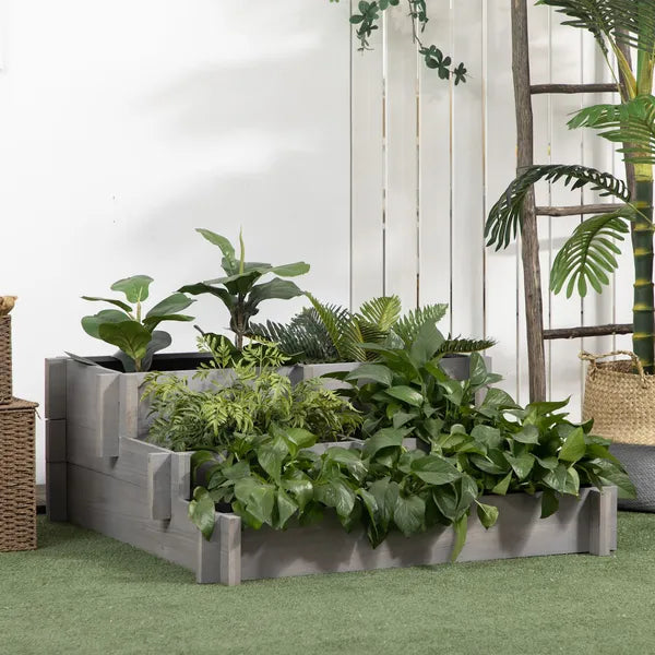 3 Tier Elevated Wood Flower Box Raised Garden Bed with Water Draining Fabric for Soil Gray for Vegetables Herbs - product image 2