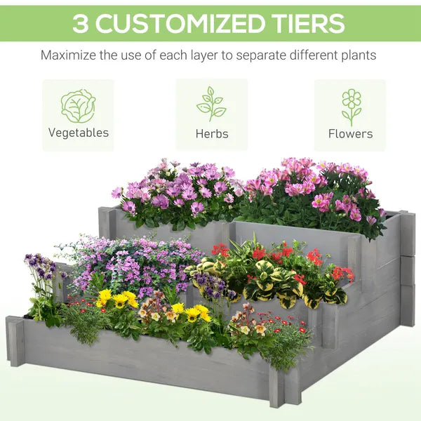 3 Tier Elevated Wood Flower Box Raised Garden Bed with Water Draining Fabric for Soil Gray for Vegetables Herbs - product image 4