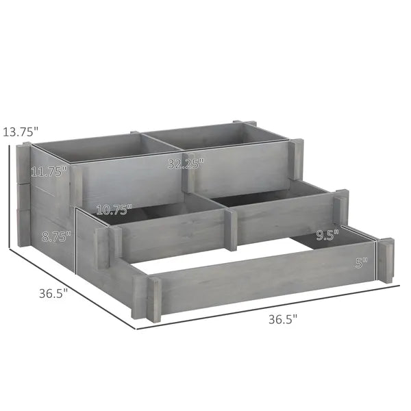 3 Tier Elevated Wood Flower Box Raised Garden Bed with Water Draining Fabric for Soil Gray for Vegetables Herbs - product image 3