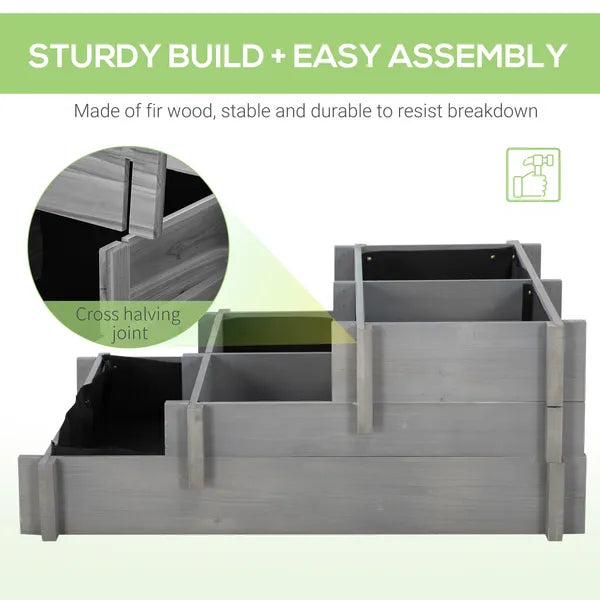 3 Tier Elevated Wood Flower Box Raised Garden Bed with Water Draining Fabric for Soil Gray for Vegetables Herbs - product image 6