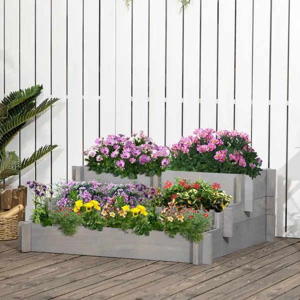 3 Tier Elevated Wood Flower Box Raised Garden Bed with Water Draining Fabric for Soil Gray for Vegetables Herbs - product image 10