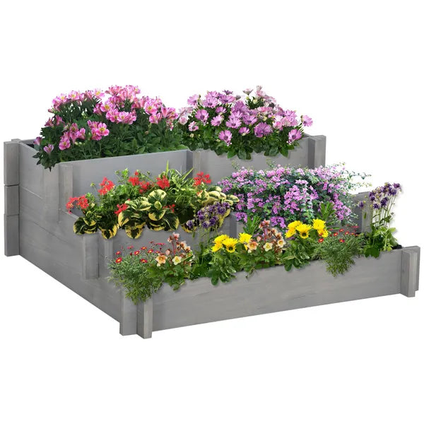 3 Tier Elevated Wood Flower Box Raised Garden Bed with Water Draining Fabric for Soil Gray for Vegetables Herbs - product image 1
