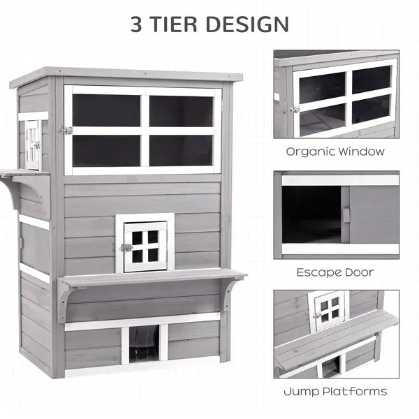 3-Tier Feral Cat House Outdoor Kitten Condo with Raised Floor Asphalt Roof Escape Door Jumping Platform Gray - product image 4