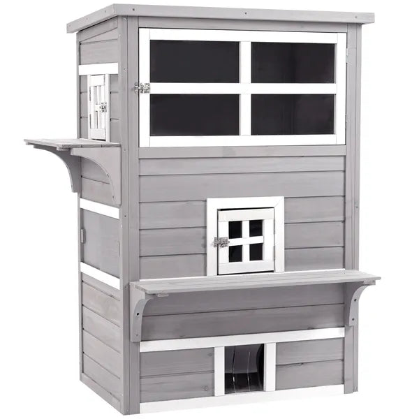 3-Tier Feral Cat House Outdoor Kitten Condo with Raised Floor Asphalt Roof Escape Door Jumping Platform Gray - product image 1