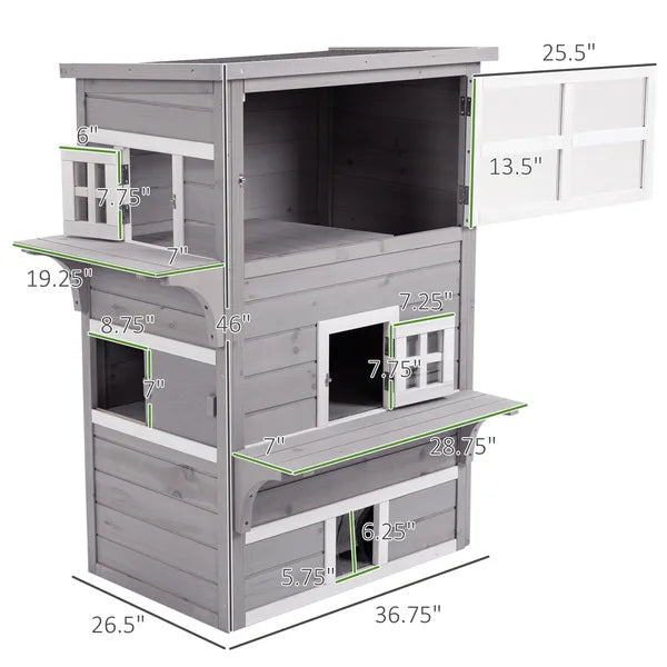 3-Tier Feral Cat House Outdoor Kitten Condo with Raised Floor Asphalt Roof Escape Door Jumping Platform Gray - product image 3