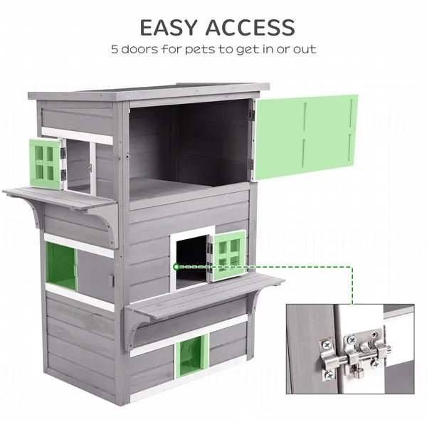 3-Tier Feral Cat House Outdoor Kitten Condo with Raised Floor Asphalt Roof Escape Door Jumping Platform Gray - product image 6