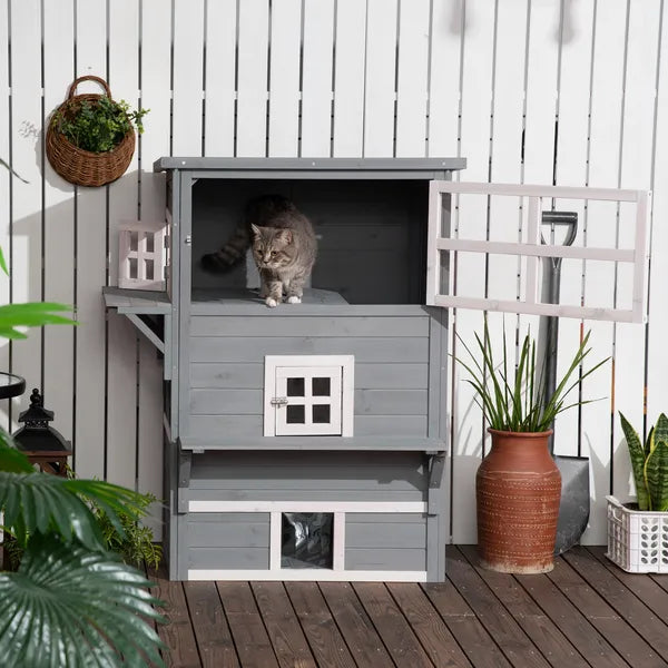 3-Tier Feral Cat House Outdoor Kitten Condo with Raised Floor Asphalt Roof Escape Door Jumping Platform Gray - product image 9