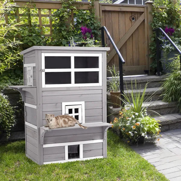 3-Tier Feral Cat House Outdoor Kitten Condo with Raised Floor Asphalt Roof Escape Door Jumping Platform Gray - product image 2