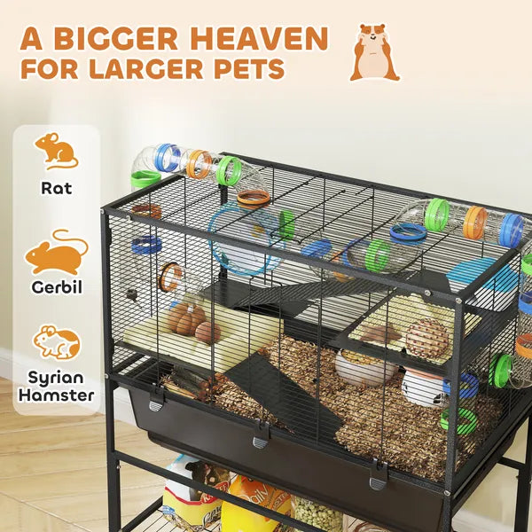 PawHut 3 Tier Hamster Cage, Rolling Rat Cage with Deep Tray, Storage Shelf, Big Exercise Wheel, Hut, Tube System - product image 4