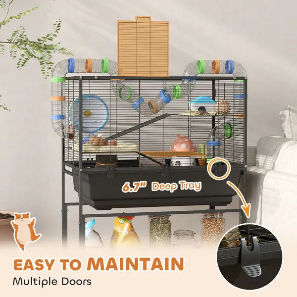 PawHut 3 Tier Hamster Cage, Rolling Rat Cage with Deep Tray, Storage Shelf, Big Exercise Wheel, Hut, Tube System - product image 6