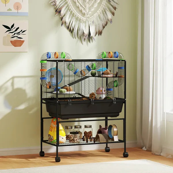 PawHut 3 Tier Hamster Cage, Rolling Rat Cage with Deep Tray, Storage Shelf, Big Exercise Wheel, Hut, Tube System - product image 2