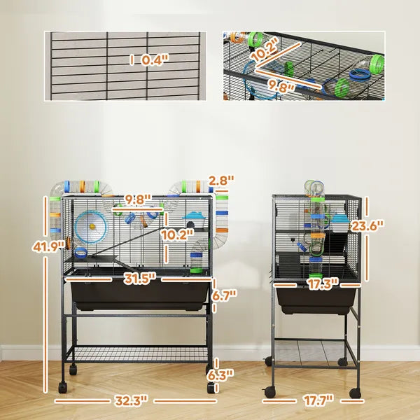 PawHut 3 Tier Hamster Cage, Rolling Rat Cage with Deep Tray, Storage Shelf, Big Exercise Wheel, Hut, Tube System - product image 3