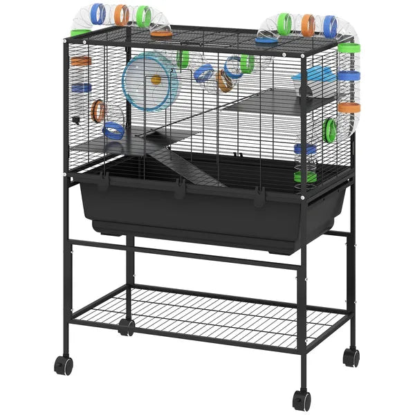 PawHut 3 Tier Hamster Cage, Rolling Rat Cage with Deep Tray, Storage Shelf, Big Exercise Wheel, Hut, Tube System - product image 1