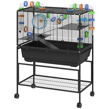 PawHut 3 Tier Hamster Cage, Rolling Rat Cage with Deep Tray, Storage Shelf, Big Exercise Wheel, Hut, Tube System - product image 1