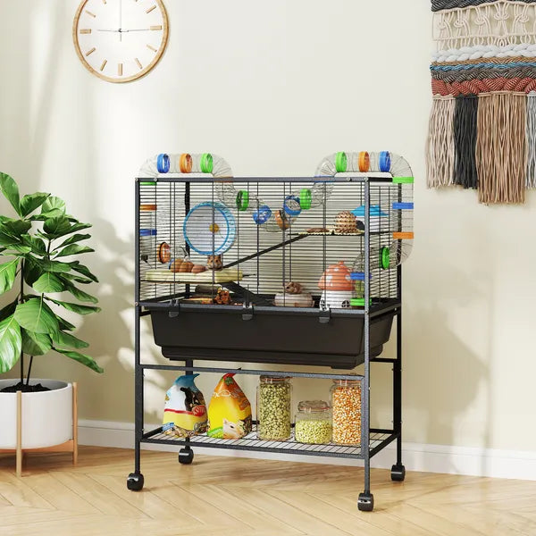 PawHut 3 Tier Hamster Cage, Rolling Rat Cage with Deep Tray, Storage Shelf, Big Exercise Wheel, Hut, Tube System - product image 10