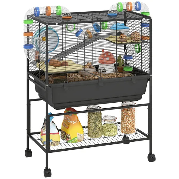 PawHut 3 Tier Hamster Cage, Rolling Rat Cage with Deep Tray, Storage Shelf, Big Exercise Wheel, Hut, Tube System - product image 11