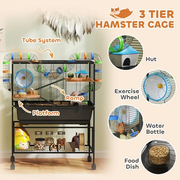 PawHut 3 Tier Hamster Cage, Rolling Rat Cage with Deep Tray, Storage Shelf, Big Exercise Wheel, Hut, Tube System - product image 5