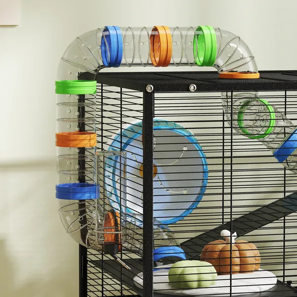 PawHut 3 Tier Hamster Cage, Rolling Rat Cage with Deep Tray, Storage Shelf, Big Exercise Wheel, Hut, Tube System - product image 9