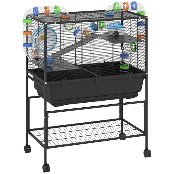 PawHut 3 Tier Hamster Cage, Rolling Rat Cage with Deep Tray, Storage Shelf, Big Exercise Wheel, Hut, Tube System - product image 12
