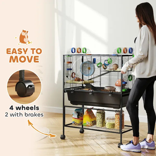 PawHut 3 Tier Hamster Cage, Rolling Rat Cage with Deep Tray, Storage Shelf, Big Exercise Wheel, Hut, Tube System - product image 8