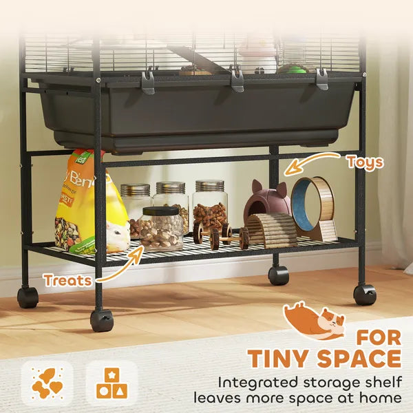 PawHut 3 Tier Hamster Cage, Rolling Rat Cage with Deep Tray, Storage Shelf, Big Exercise Wheel, Hut, Tube System - product image 7