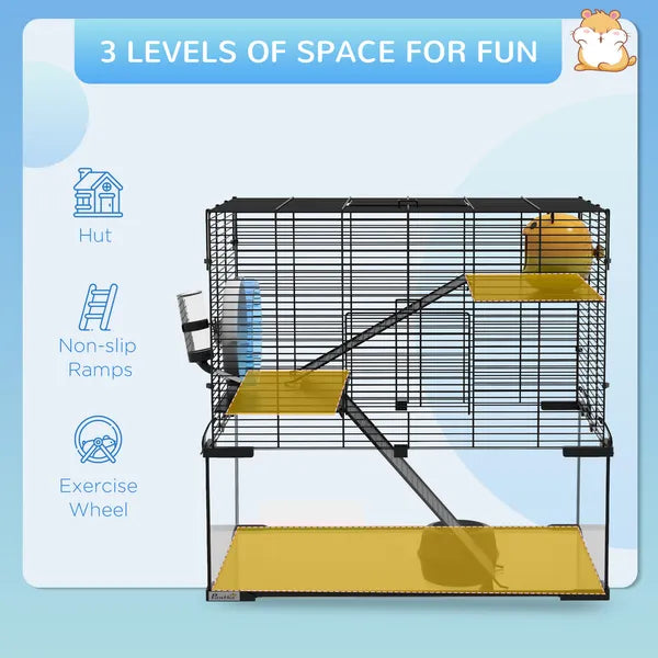 PawHut 3-Tier Hamster Cage with Wheel Water Bottle Food Bowl for Small Hamsters Black - product image 4