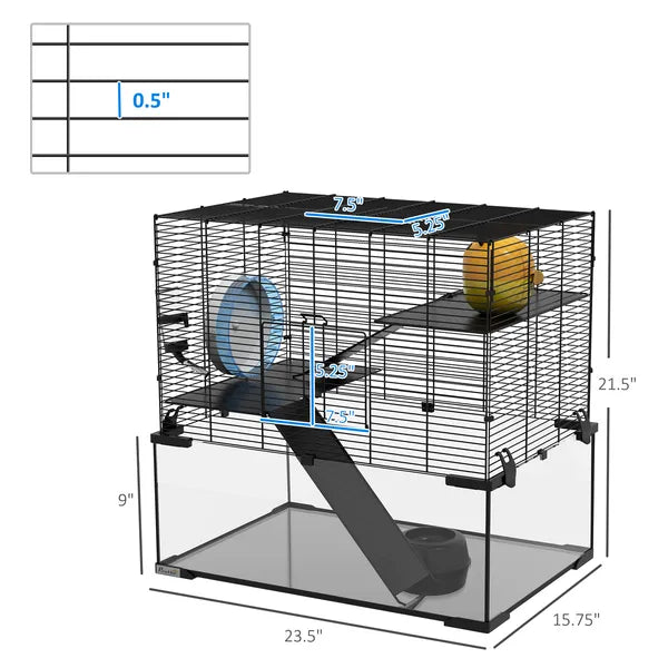 PawHut 3-Tier Hamster Cage with Wheel Water Bottle Food Bowl for Small Hamsters Black - product image 3