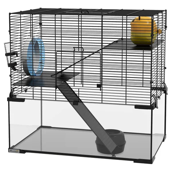 PawHut 3-Tier Hamster Cage with Wheel Water Bottle Food Bowl for Small Hamsters Black - product image 1