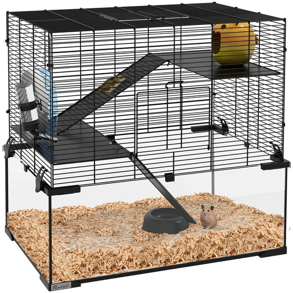 PawHut 3-Tier Hamster Cage with Wheel Water Bottle Food Bowl for Small Hamsters Black - product image 11