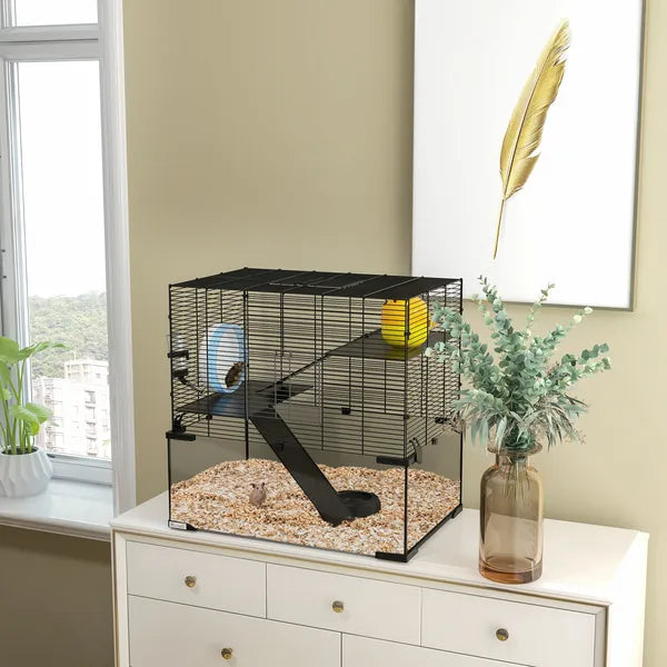 PawHut 3-Tier Hamster Cage with Wheel Water Bottle Food Bowl for Small Hamsters Black - product image 2
