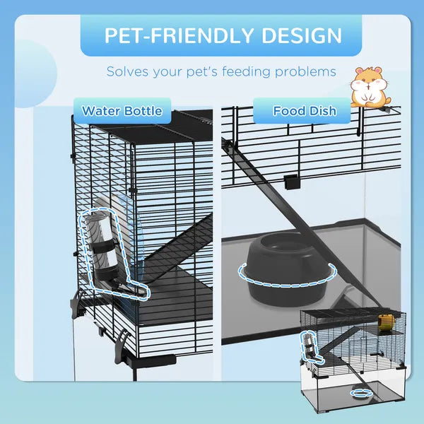 PawHut 3-Tier Hamster Cage with Wheel Water Bottle Food Bowl for Small Hamsters Black - product image 5