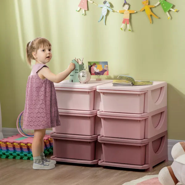 Qaba 3 Tier Kids Storage Unit Pink 6 Drawer Chest Toy Organizer with Plastic Bins for Bedroom Nursery Kindergarten - product image 2