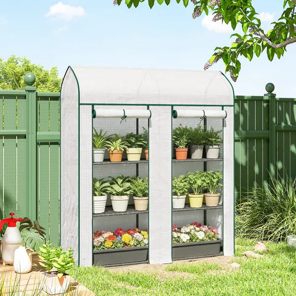 Outsunny 3 Tier Mini Greenhouse, Small Portable Greenhouse with 2 Roll-up Doors, 56.3 Inch x 18.1 Inch x 65 Inch, White - product image 10