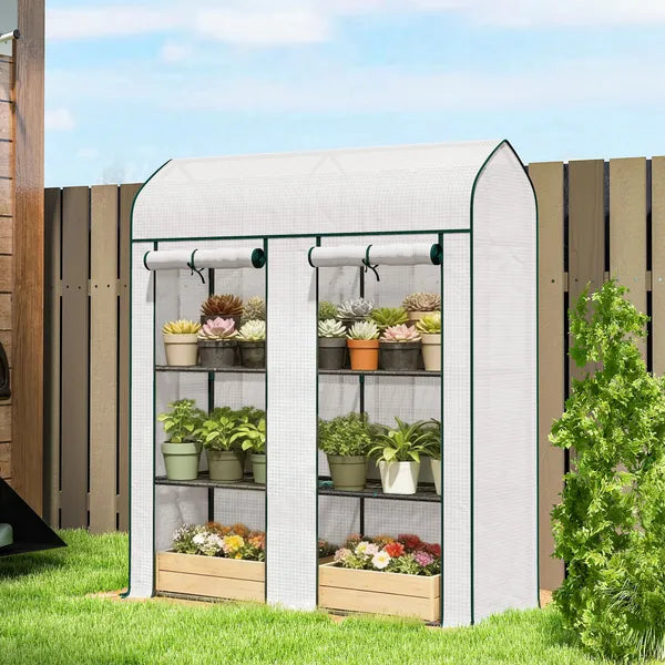 Outsunny 3 Tier Mini Greenhouse, Small Portable Greenhouse with 2 Roll-up Doors, 56.3 Inch x 18.1 Inch x 65 Inch, White - product image 2