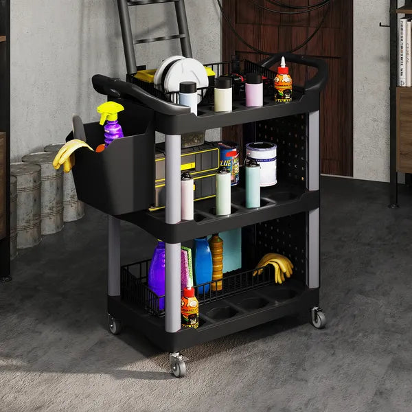 3-Tier Rolling Tool Cart, 200 LBS Capacity Plastic Utility Cart with Side Shelf and Bucket, Black and Light Gray - product image 8