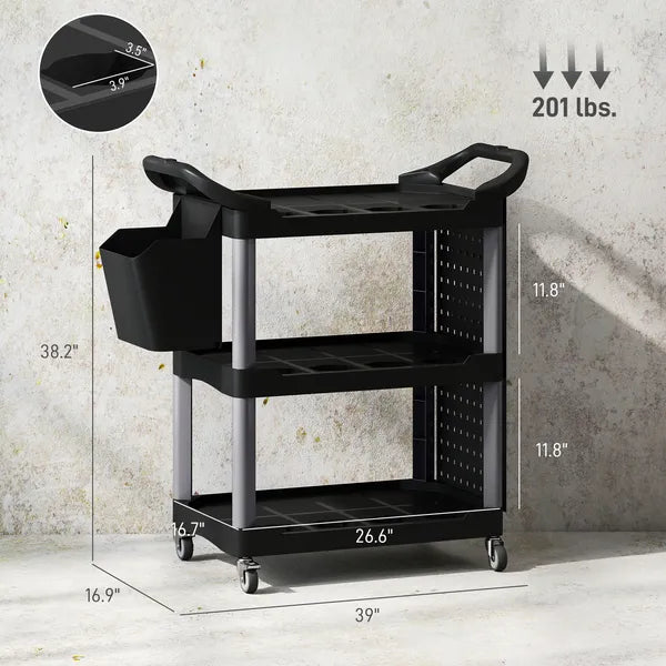 3-Tier Rolling Tool Cart, 200 LBS Capacity Plastic Utility Cart with Side Shelf and Bucket, Black and Light Gray - product image 3