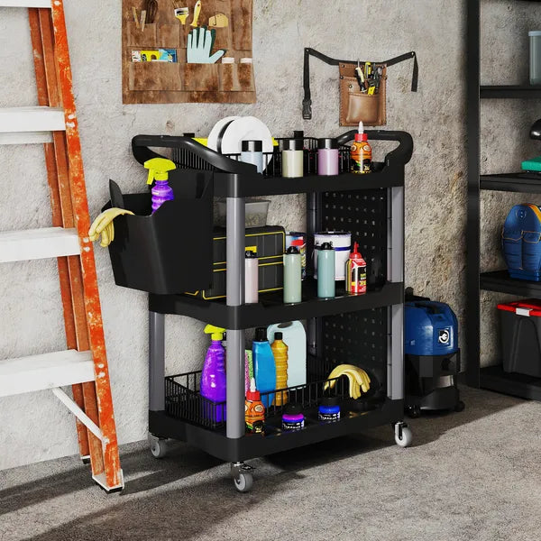 3-Tier Rolling Tool Cart, 200 LBS Capacity Plastic Utility Cart with Side Shelf and Bucket, Black and Light Gray - product image 2