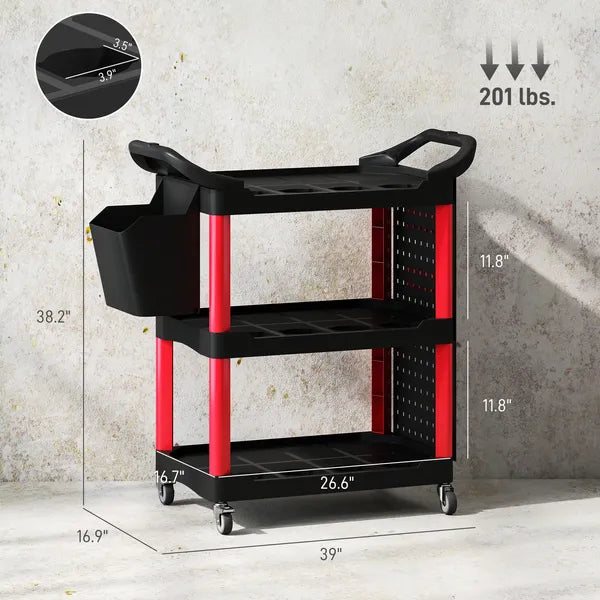 HOMCOM 3-Tier Rolling Tool Cart, 200 LBS Capacity Plastic Utility Cart with Side Shelf and Storage Bucket, Black and Red - product image 3