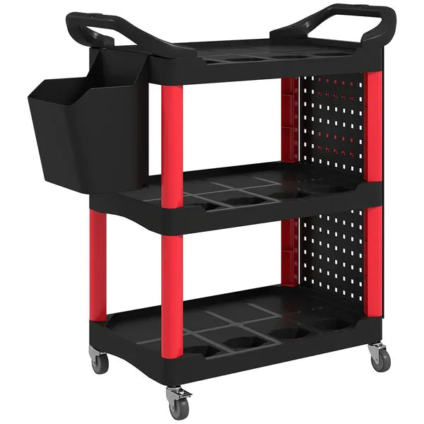 HOMCOM 3-Tier Rolling Tool Cart, 200 LBS Capacity Plastic Utility Cart with Side Shelf and Storage Bucket, Black and Red - product image 12