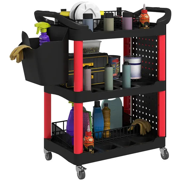HOMCOM 3-Tier Rolling Tool Cart, 200 LBS Capacity Plastic Utility Cart with Side Shelf and Storage Bucket, Black and Red - product image 11