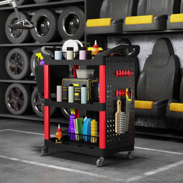 HOMCOM 3-Tier Rolling Tool Cart, 200 LBS Capacity Plastic Utility Cart with Side Shelf and Storage Bucket, Black and Red - product image 10