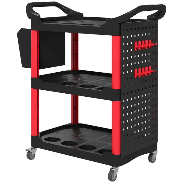 HOMCOM 3-Tier Rolling Tool Cart, 200 LBS Capacity Plastic Utility Cart with Side Shelf and Storage Bucket, Black and Red - product image 1