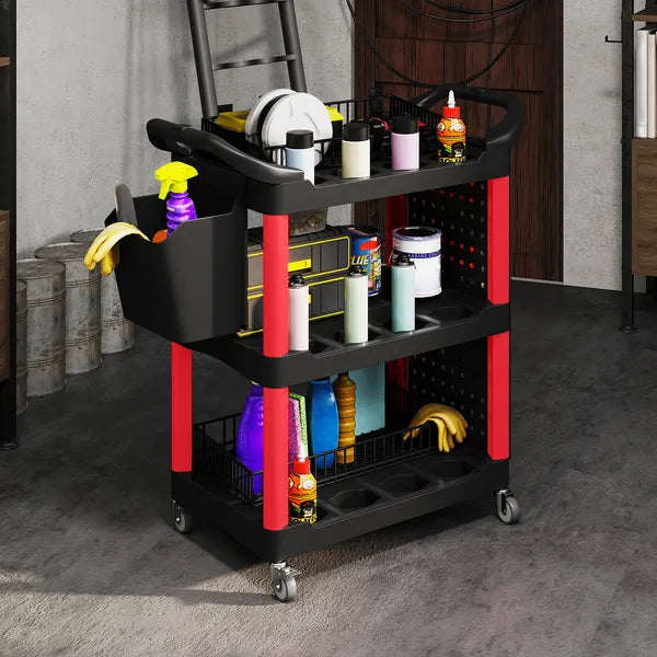 HOMCOM 3-Tier Rolling Tool Cart, 200 LBS Capacity Plastic Utility Cart with Side Shelf and Storage Bucket, Black and Red - product image 8