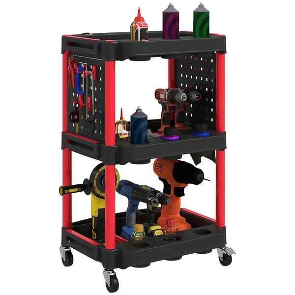 HOMCOM 3-Tier Rolling Tool Cart, 200 LBS Capacity Plastic Utility Cart with Side Shelves for Garage, Workshop, Black and Red - product image 11