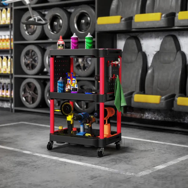 HOMCOM 3-Tier Rolling Tool Cart, 200 LBS Capacity Plastic Utility Cart with Side Shelves for Garage, Workshop, Black and Red - product image 10