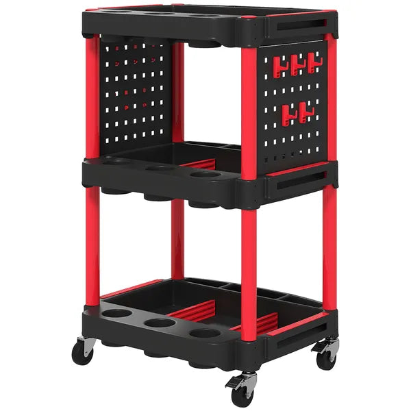 HOMCOM 3-Tier Rolling Tool Cart, 200 LBS Capacity Plastic Utility Cart with Side Shelves for Garage, Workshop, Black and Red - product image 1