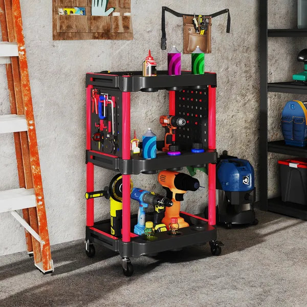 HOMCOM 3-Tier Rolling Tool Cart, 200 LBS Capacity Plastic Utility Cart with Side Shelves for Garage, Workshop, Black and Red - product image 2
