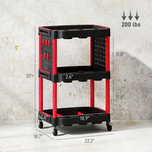 HOMCOM 3-Tier Rolling Tool Cart, 200 LBS Capacity Plastic Utility Cart with Side Shelves for Garage, Workshop, Black and Red - product image 3