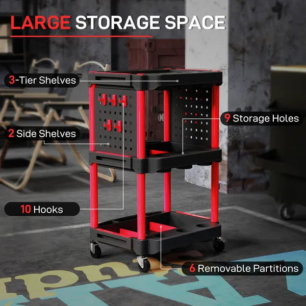 HOMCOM 3-Tier Rolling Tool Cart, 200 LBS Capacity Plastic Utility Cart with Side Shelves for Garage, Workshop, Black and Red - product image 4